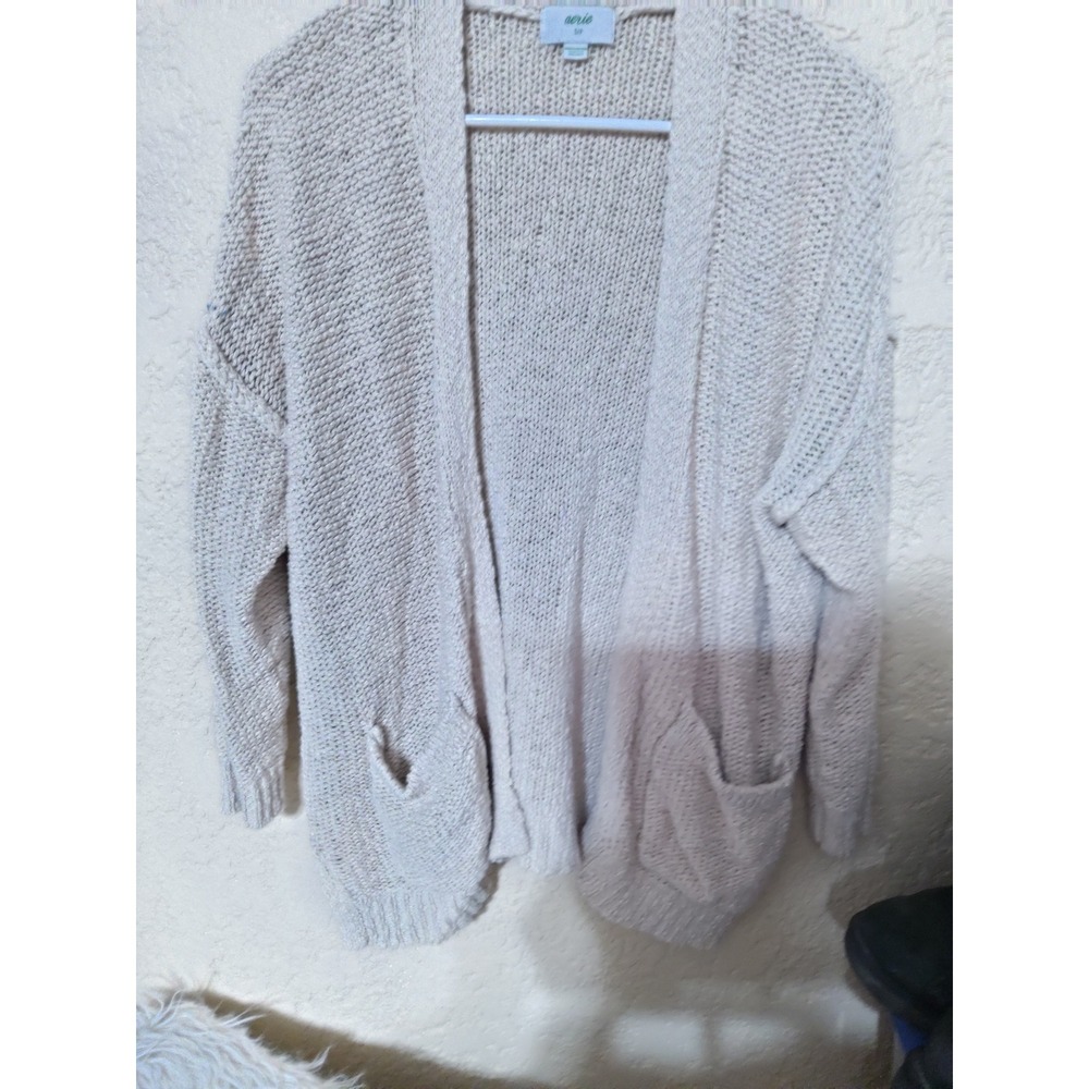 Aerie Womens Cream Chunky Knit Open Front Cardigan Sweater Pockets Small